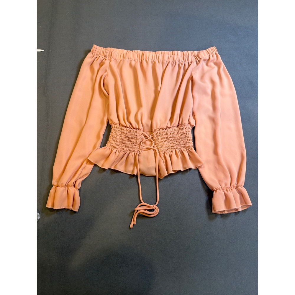 Ultra Flirt Womens Off Shoulder Blouse Medium M Peach Smocked Lace Up Ruffle Top